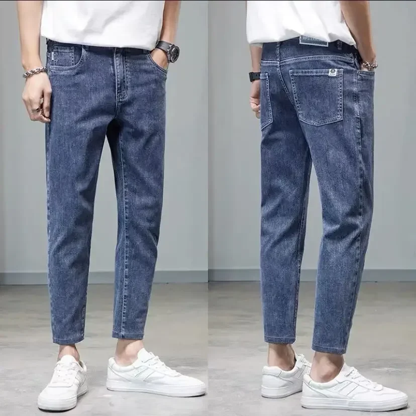 thumbnail image 1 of Pantalones vaqueros para hombre elásticos de color azul claro, pantalones vaqueros para hombre, pantalones elásticos, ajustados, ajustados, ajustados, estilo coreano, tendencia 2024, 1 of 5