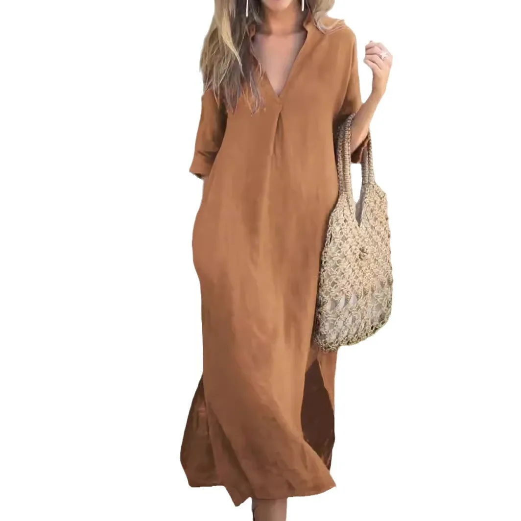 white christmas dresses Audrey Dress #4 Shirt Collar 3/4 Sleeve Midi Length Cotton Musola (Gal
