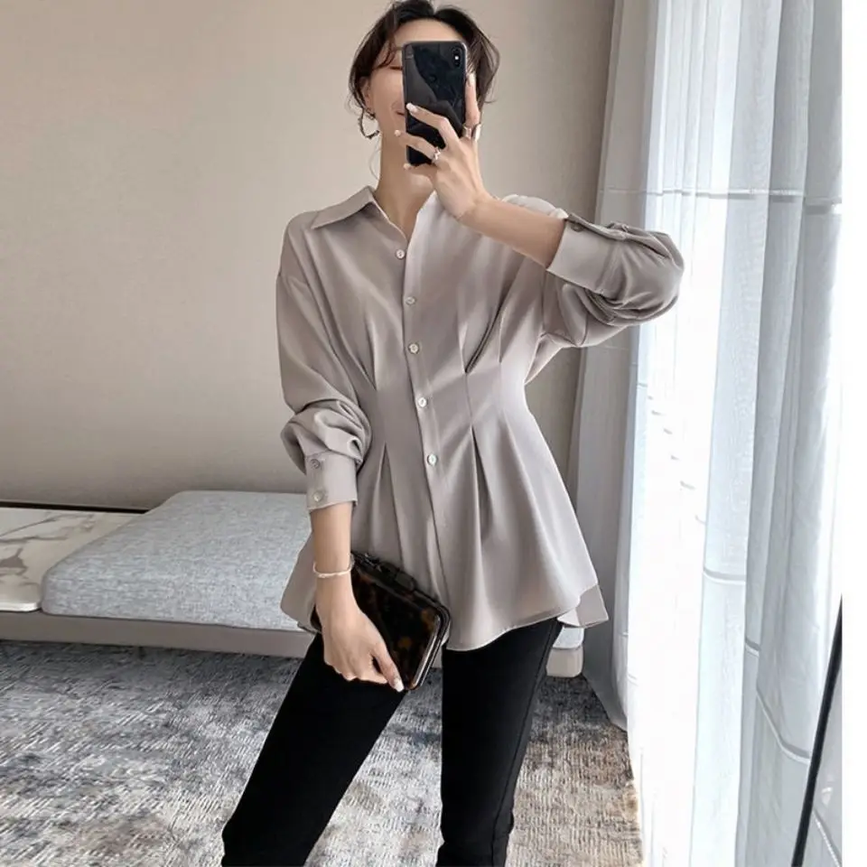 Office Lady Solid Colour Pleated Design Lace Up Belt Chiffon Medium Length Shirt Thin Light Ripe Girl Women Turn Down Collar
