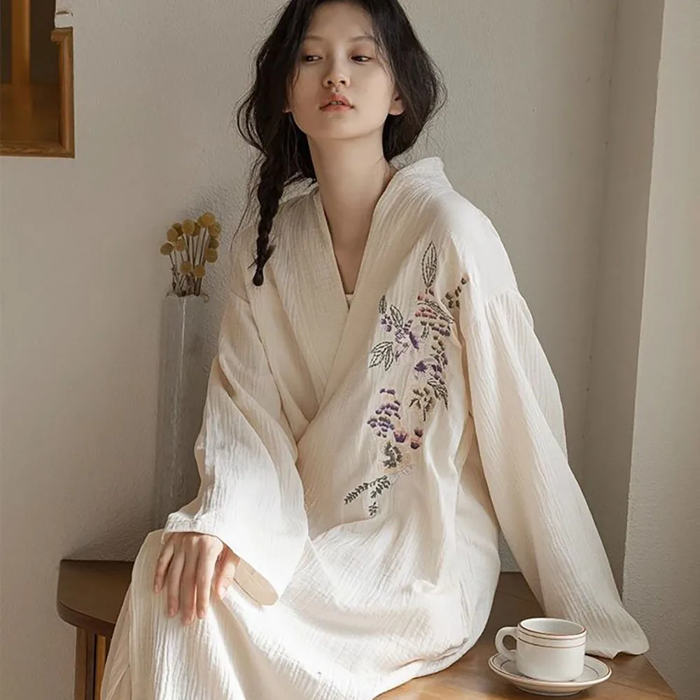 

New Long-Sleeved Nightgown Spring Fall Lace-up Pajamas For Women Japanese Printed Kimono V-Neck Bathrobe Comfortable Home Wear