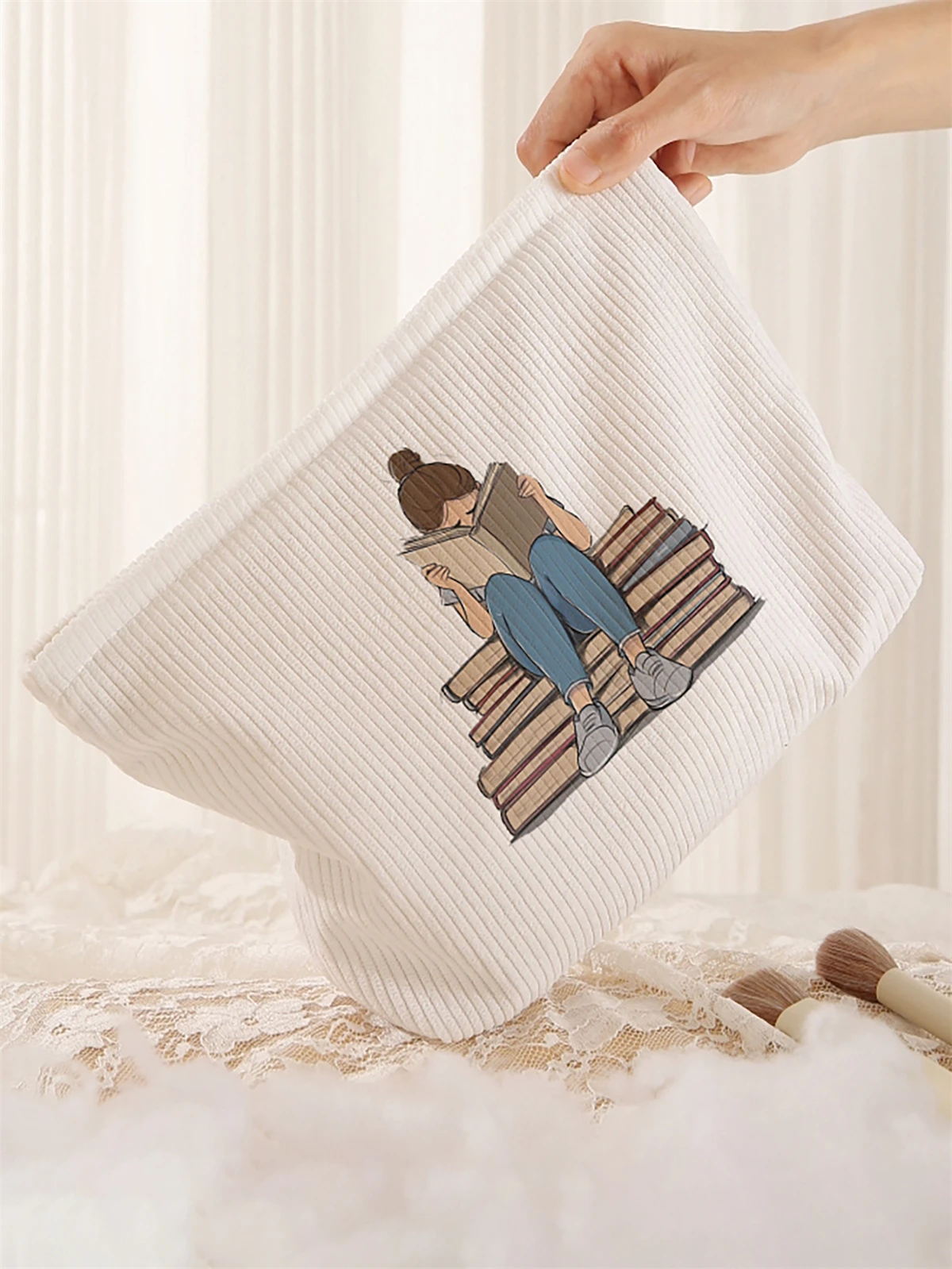 1pc book pattern printed corduroy makeup bag, lightweight zipper makeup storage box, multifunctional bag with lining