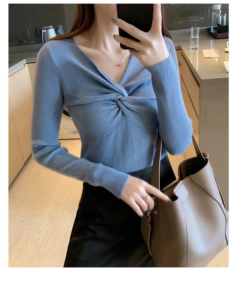 JMPRS Sexy V Neck Women Sweater Fashion Long Sleeve Knitted Pullover Jumper Slim Autumn Elastic Soft Female Knotted Basic Top christmas sweatshirt