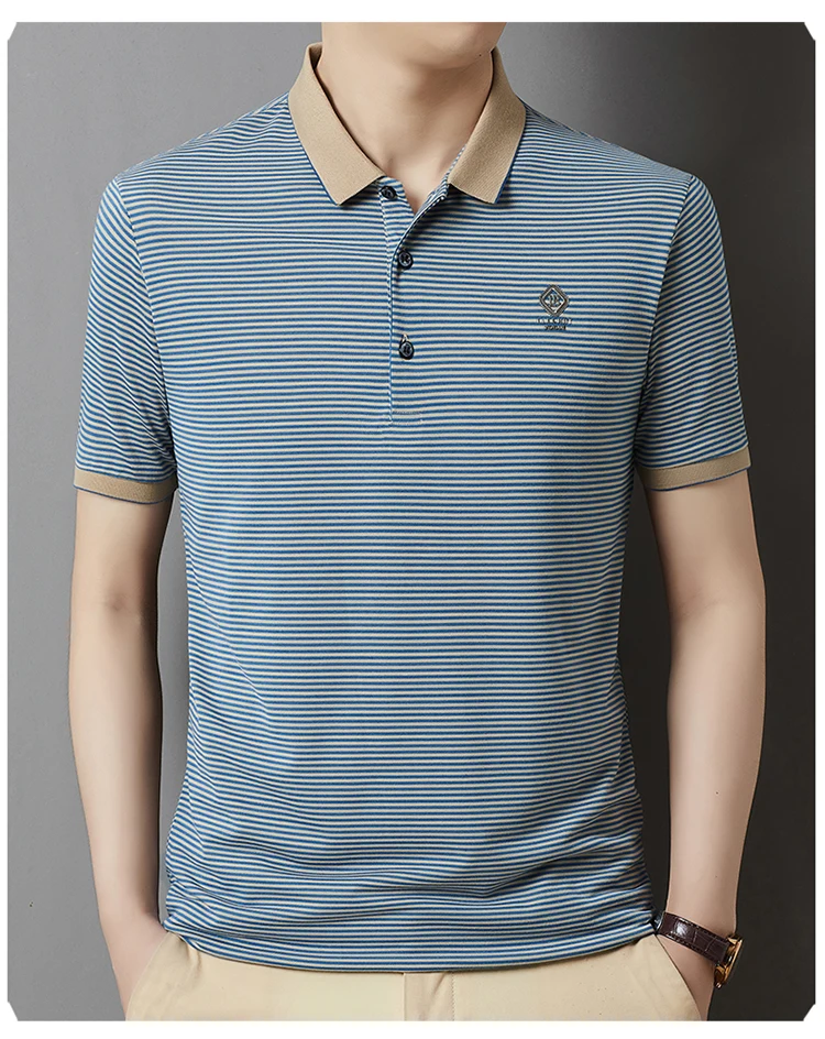 Summer Business Casual Quality Cotton Breathable Comfortable Lapel Polo Short Sleeve Striped Print Design Korean T-shirt Top 19 Sd734aca3de9d454a8750bc642eb42b33S