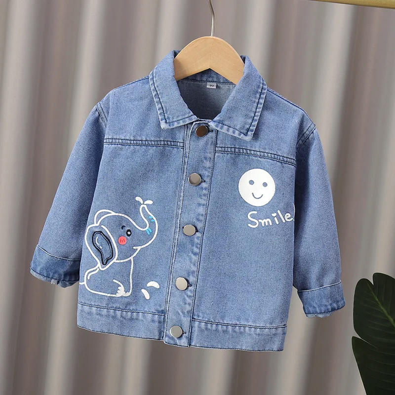 Spring Autumn Children Boys Jackets Cotton Smiling Elephant Babys Boys Coat Turn Down Collar Long Sleeve Little Denim Coats