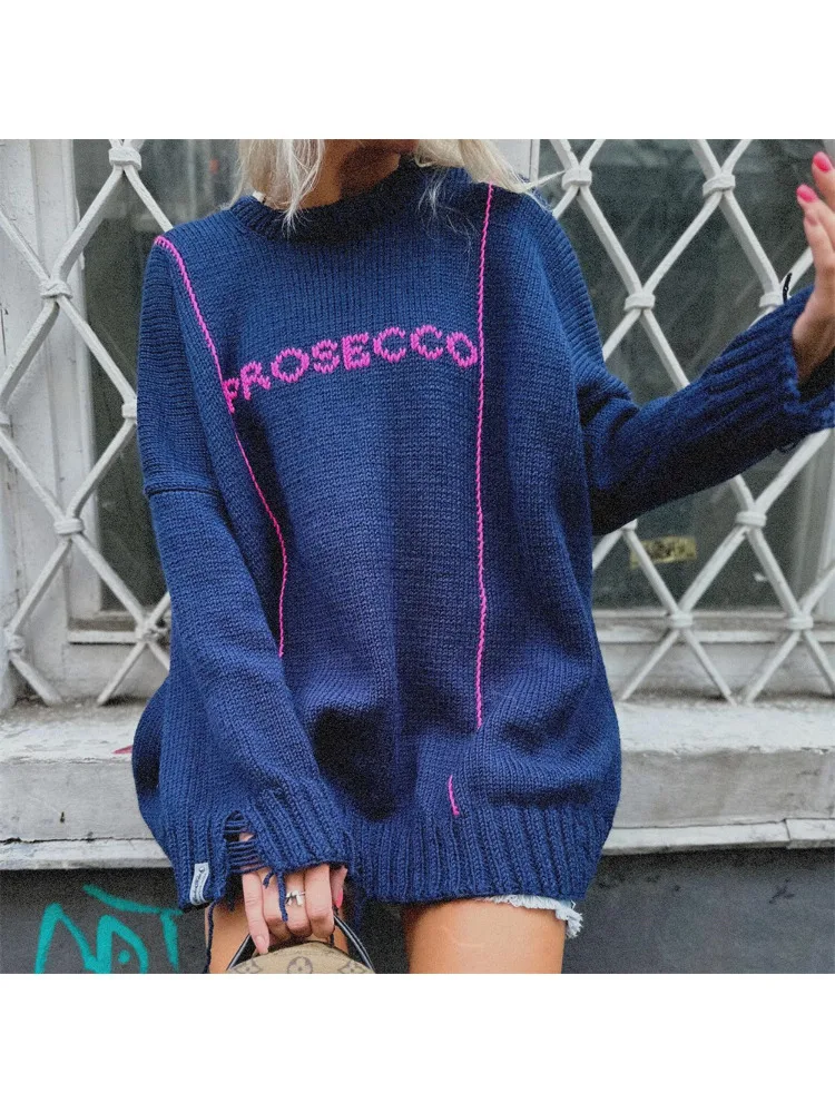 

2024 New Fashion Letter Jacquard Sweater for Women's Casual Autumn and Winter Loose Contrast Broken Knitted Top for Women's Wear