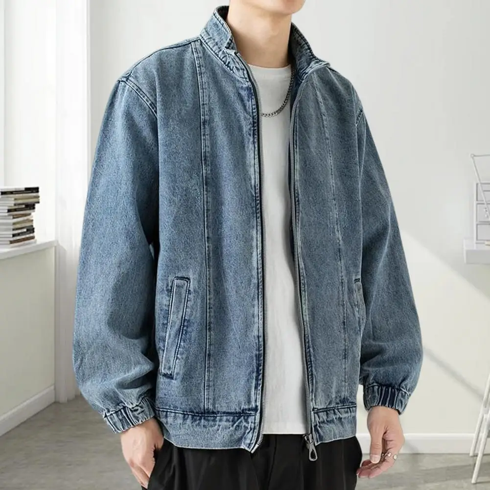 Casual Men Clothing Versatile Men's Denim Jacket Lapel Long Sleeve Coat with Pockets Zipper Placket Loose Fit Solid Color