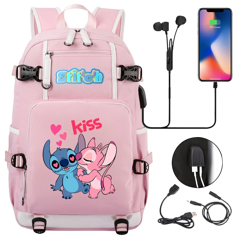 남녀공용 USB 대용량 책가방, 카와이 스티치, 십대 학교 가방, 여행용 노트북 배낭, 신제품