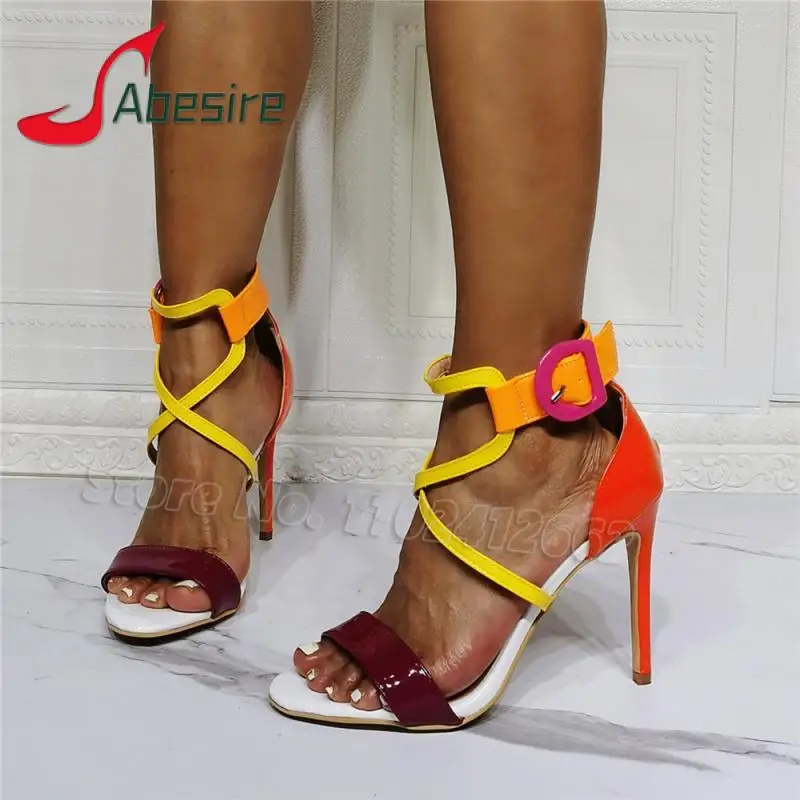 

Open Toe Ankle Buckle Sandals for Women Fashion Mixed Colors Thin High Heels Stiletto Summer New Party Nightclub Female Shoes