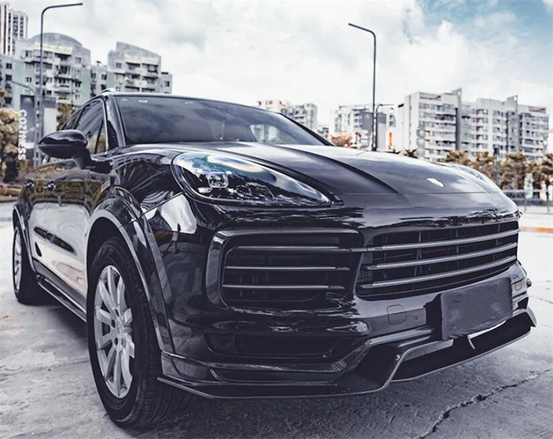 For Porsche Cayenne 9Y0 9Y3 2018 2019 20 2021 2022 Real Carbon Fiber Front Bumper Grill DRL Lip Spoiler Air Outlet Kit Splitter - - Racext 45