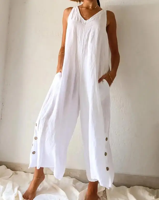 

Women's Summer Temperament Commuting Fashionable and Casual Jumpsuit Pocket Design V-Neck Casual Jumpsuit