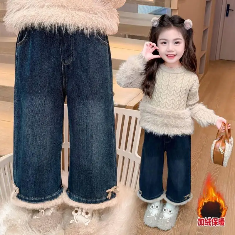 소녀 두꺼운 청바지 가을, 겨울 스트레이트 레그 바지 신축성있는 허리 어린이 따뜻한 카와이 패션 새 스타일 캐주얼 의류