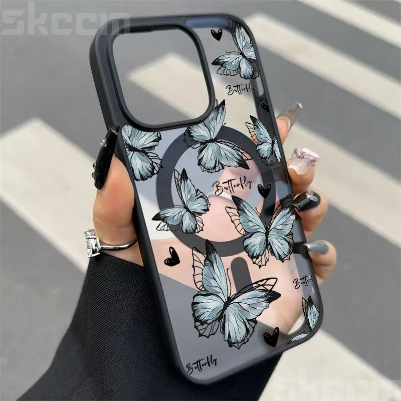 Butterfly Magnetic Transparent Phone Case with Matte Wireless Charging Cover