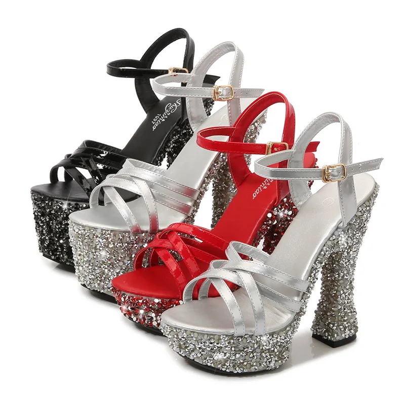 

Women Sandals Sequin Rhinestone Peep Toe Sandals Woman Shoes High Heels Sexy Nightclub Party Platform Heels Size 43 Womens Shoes