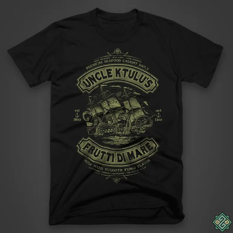 

Uncle Ktulu's Frutti di Mare - H.P. Lovecraft's Call of Cthulhu inspired horror themed t-shirt, screen printed by hand