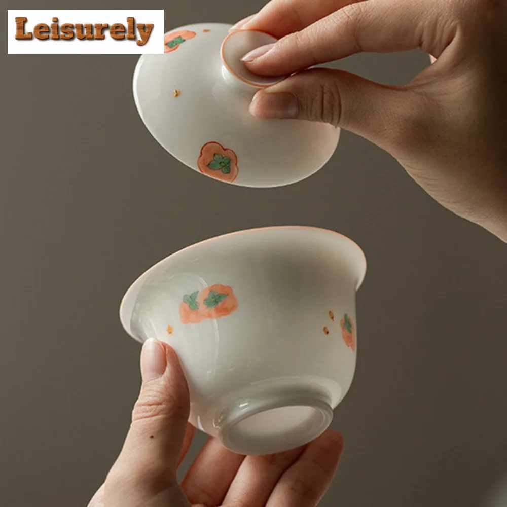 90ml Hand-painted Persimmon Gaiwan Ancient White Porcelain Ercai Ruyi Tea Tureen Tea Making Cover Bowl Tableware Ornaments Gifts