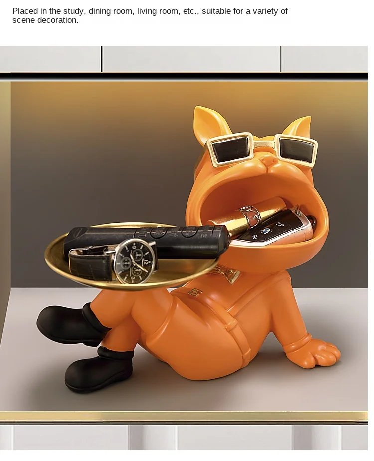 Bulldog Resin Figurine Ornament, Big Mouth Dog with Storage Tray, Candy, Key Storage Container Ornament, Tabletop Figurine