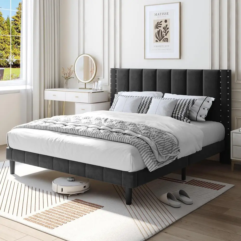 Upholstered Platform Bed Frame Full Size Heavy Duty Metal Wood Slats with Rivet Decor Vertical Channel Headboard No Box Spring 3