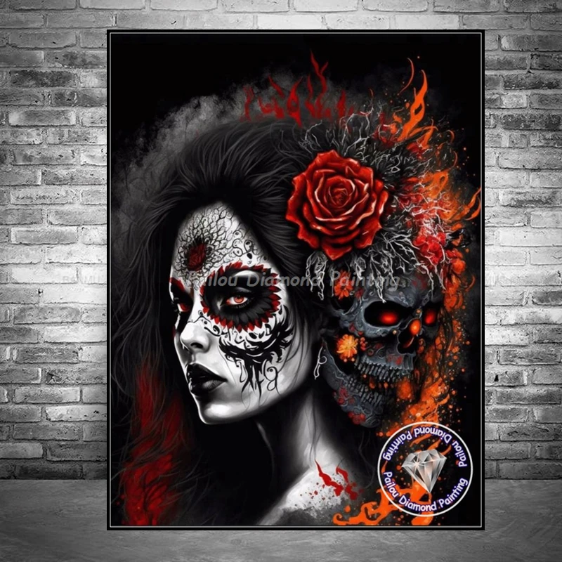 Horror Sugar Skull Gothic Woman Diamond Painting Crystal Halloween Skeleton Girl Dark Art Cross Stith Kits Mosaic Home Decor