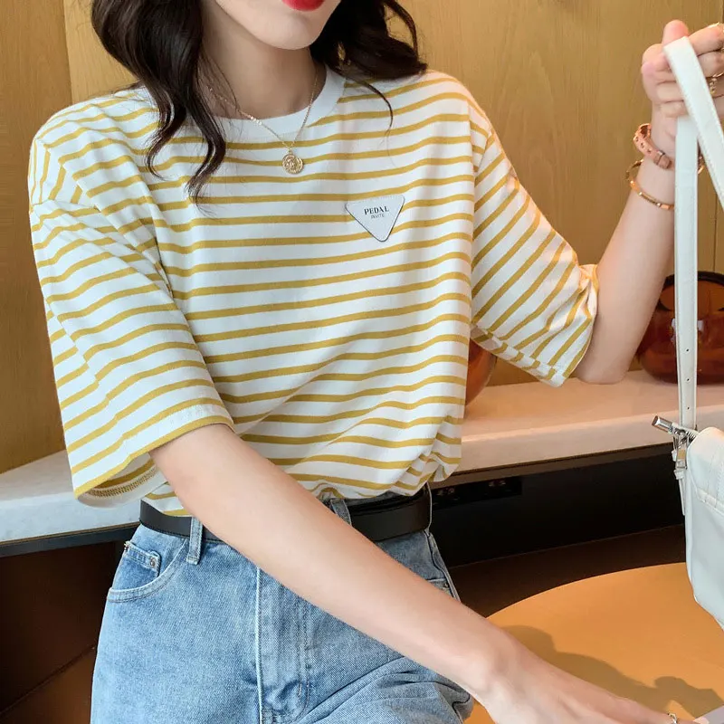 

Summer Black Striped T-Shirts Women O-Neck Tshirts Female Short Sleeve Basic Fashion Cotton Tops INS Yellow Summer Pullover