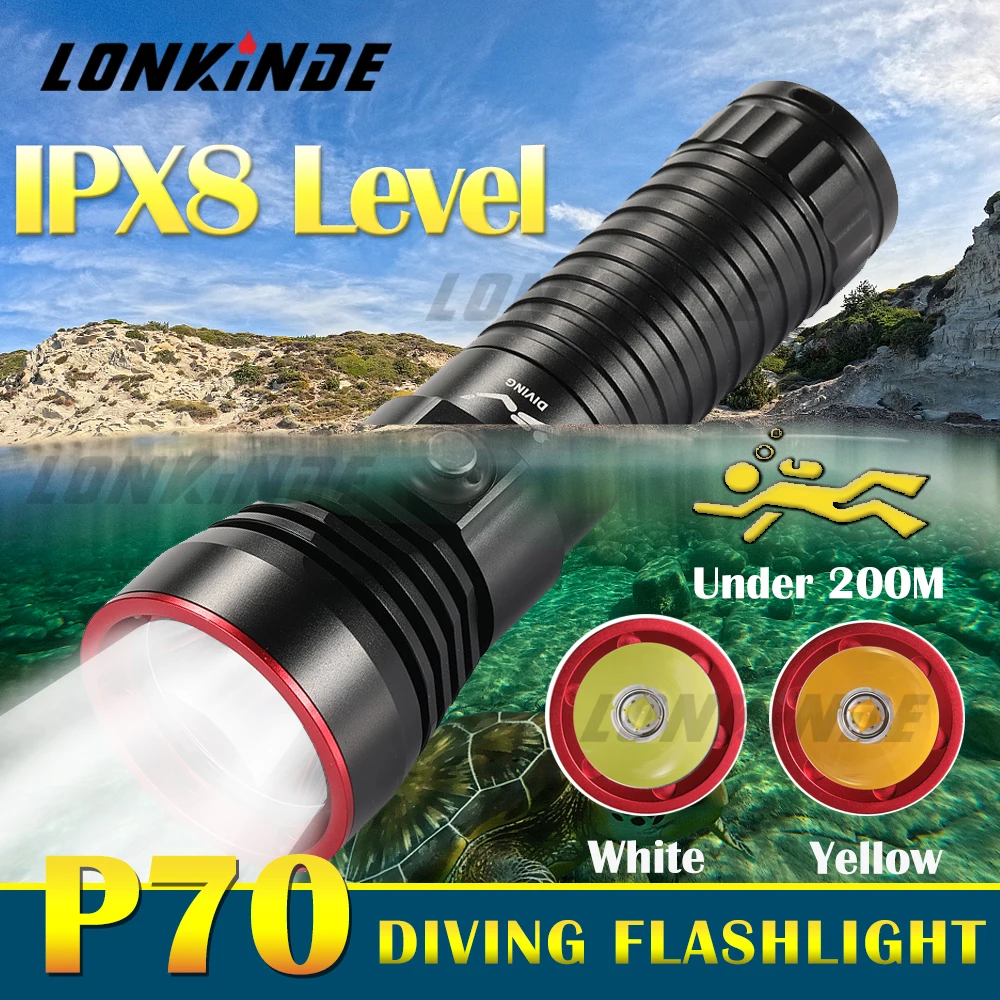 

10000LM Professional XHP70.2 Diving Light IPX8 Waterproof Scuba Dive Flashlight Underwater 200m Dive Torch Lamp Lantern by 26650