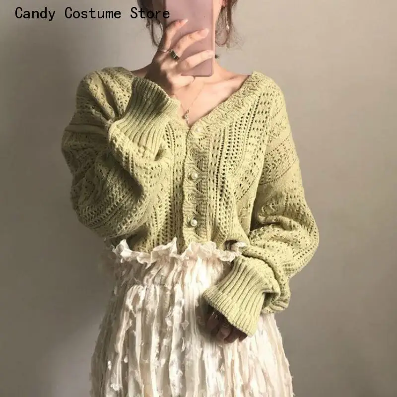 

Spring Chic Hollow Out Elegant V-Neck Korean Vintage Femme Jumper White Sweet Girls Pearls Lady Knitwearcropped Women