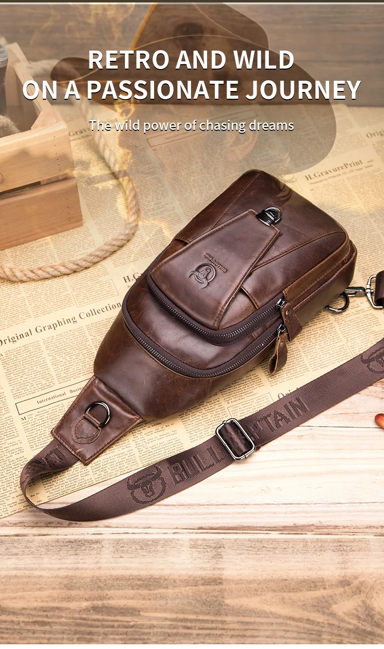 BULLCAPTAIN Echtes Leder Brust Rucksack Brust Tasche Männer Mode Umhängetasche Multifunktionale Karte Bages Handy Taschen – Detail 5