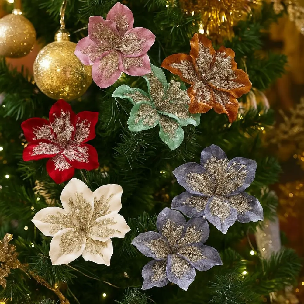 Festive Decor 20cm Artificial Christmas Flower Velvet Large Christmas Poinsettia Realistic Glitter Sequin Floral Xmas Party