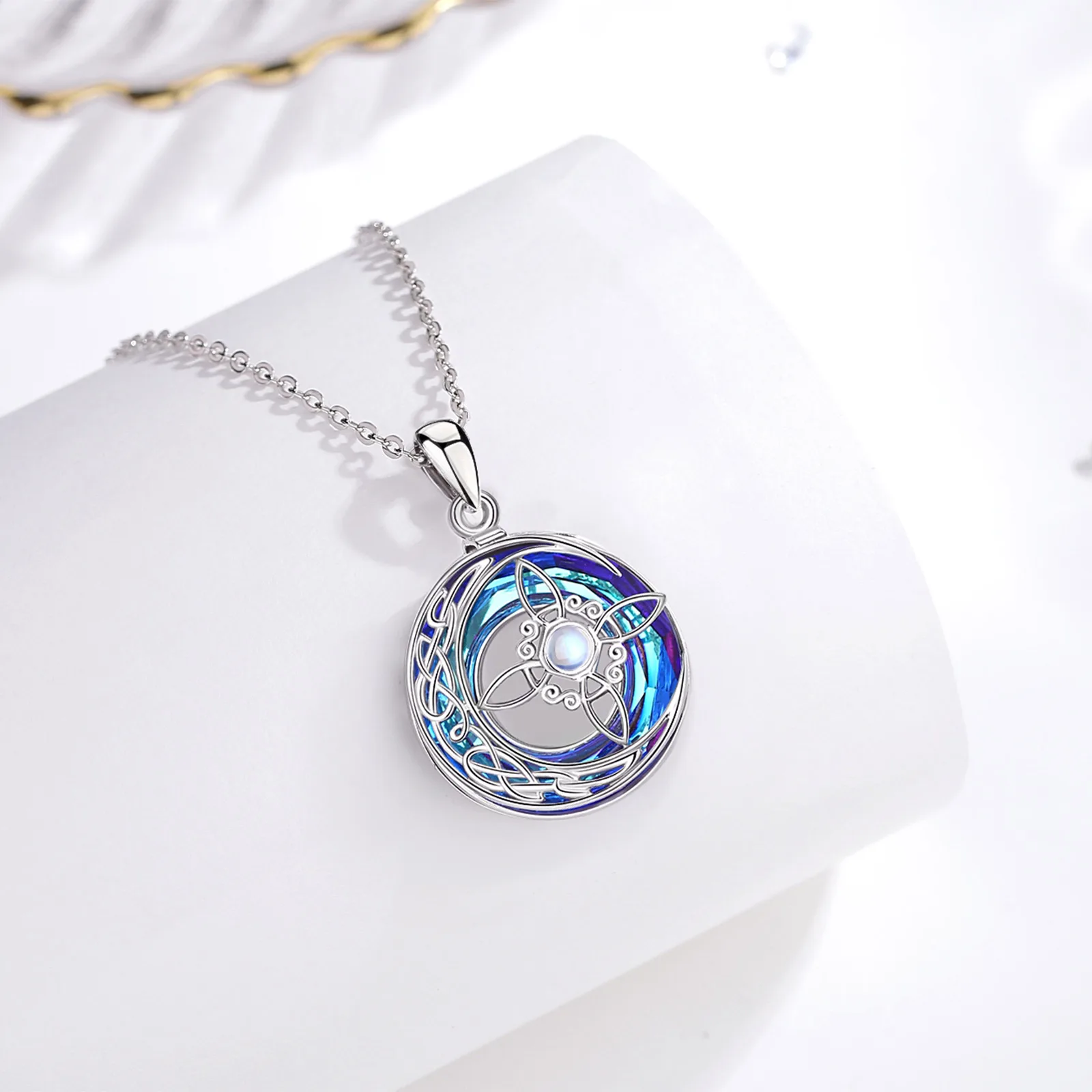 925 Sterling Silver Witch Knot Necklace Austrian Crystal Moonstone Knot Amulet Necklaces for Men Women,pendant necklace