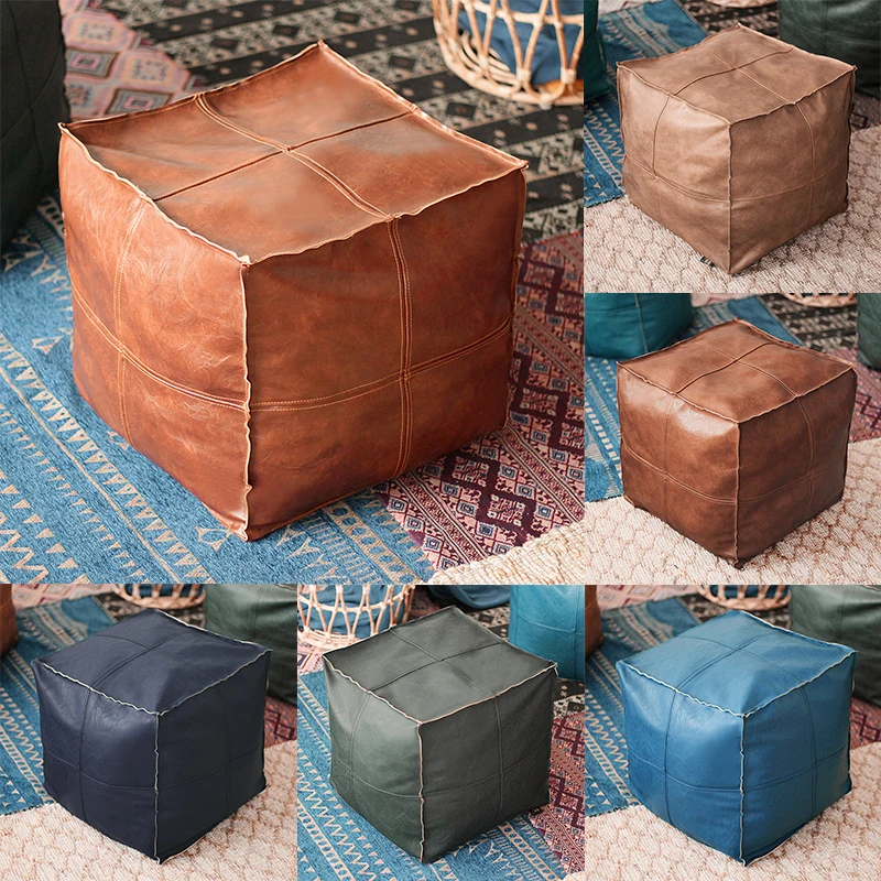 Pouf Ottomano In Vera Pelle Marocchina Fatto A Mano – Poggiapiedi Boho Non Imbottito Per Soggiorno E Camera Da Letto