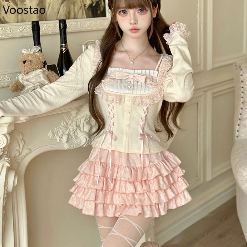 Sweet Cute Lolita Princess Skirt Sets Autumn New Bow Lace Splicing Long Sleeve Slim Tops Kawaii Cake Skirt Two Piece Set Women 5