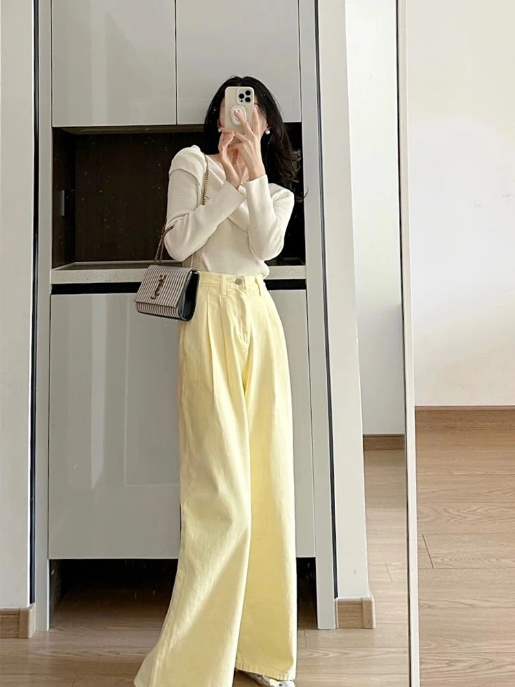 

Yellow High Waist Suit Pants Women's Summer Thin Straight Leg Wide Leg Pants Loose Casual Long Pants Full Length trousers