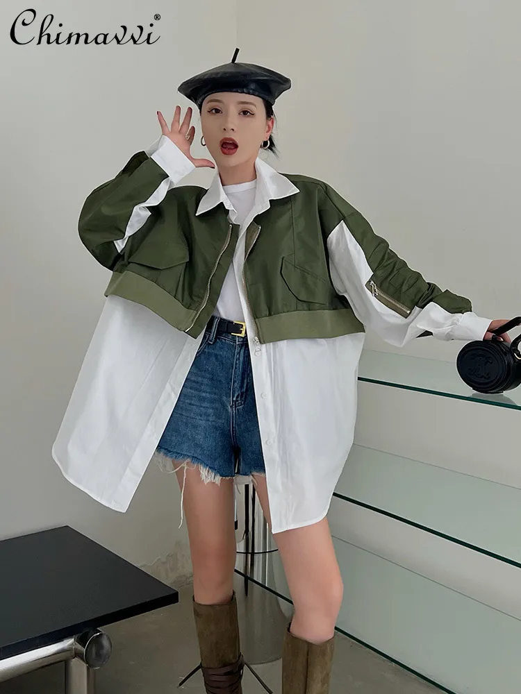 

White Shirt Patchwork Coat Mid-Length Retro Fake Two-Piece Baseball Jacket 2023 Autumn Clothes New Fashion Loose Casual Jackets