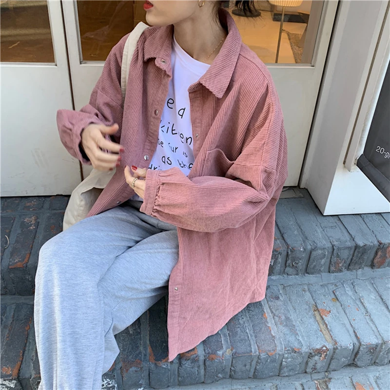

Spring Autumn Corduroy Shirt Women Korean Fashion Turn Down Collar Single Breasted Chic Long Sleeve Blouses Elegant Blusas Mujer