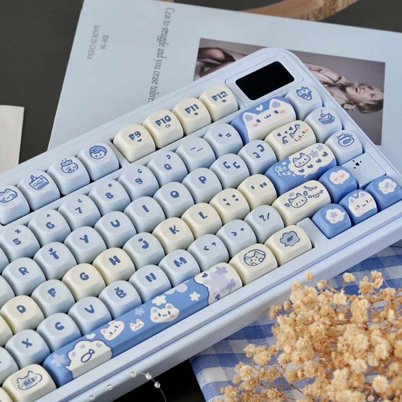 Cute Blue Cat PBT Keycaps Doubleshot MOA Profile key cap Set for 61/68/75/84/87/89/96/98/100/104/108 Layouts Mechanical Keyboard