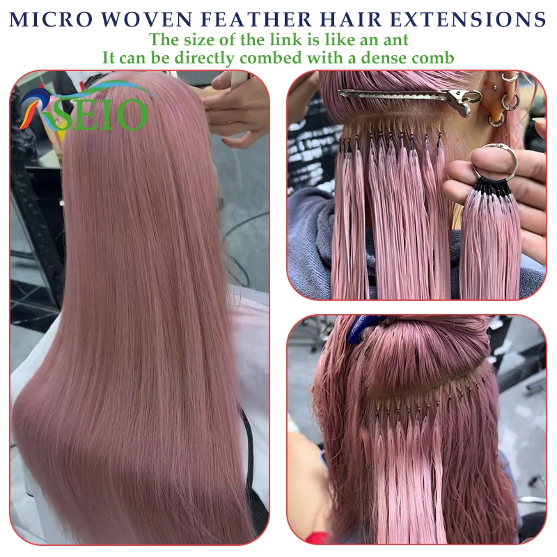 RESIO Color Feather hair extensions Straight 100% Real Human Microring Hair Extensions Color Purple Blue Pink Gray 18-20inch