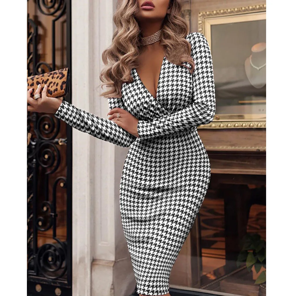 

Women's Dress Autumn and Winter Sexy Long Sleeve V-Neck Hip Cover Print Dresses