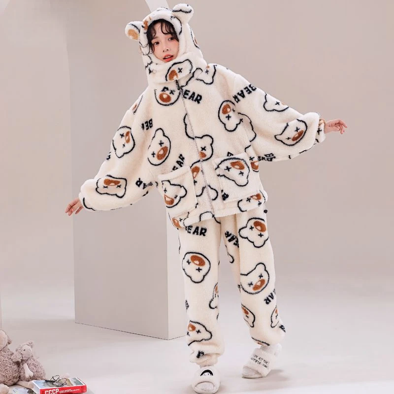 Print Warm Sleepwear Winter Women Pajama Hooded Thick Coral Velvet Women Nightwear Zipper Korean Long Sleeve Trouser Soft Pyjama