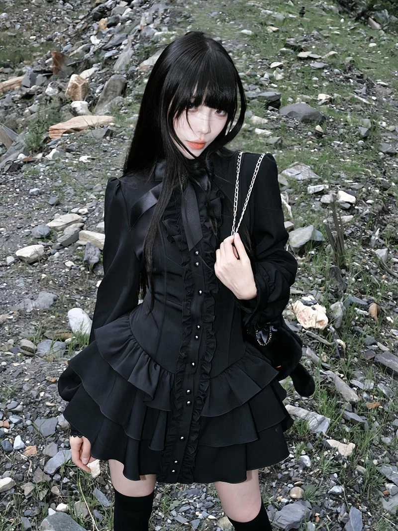 Y2K Lolita Dress - Gothic Mini Patchwork Lace Vintage Black Ruffle Slim Fit