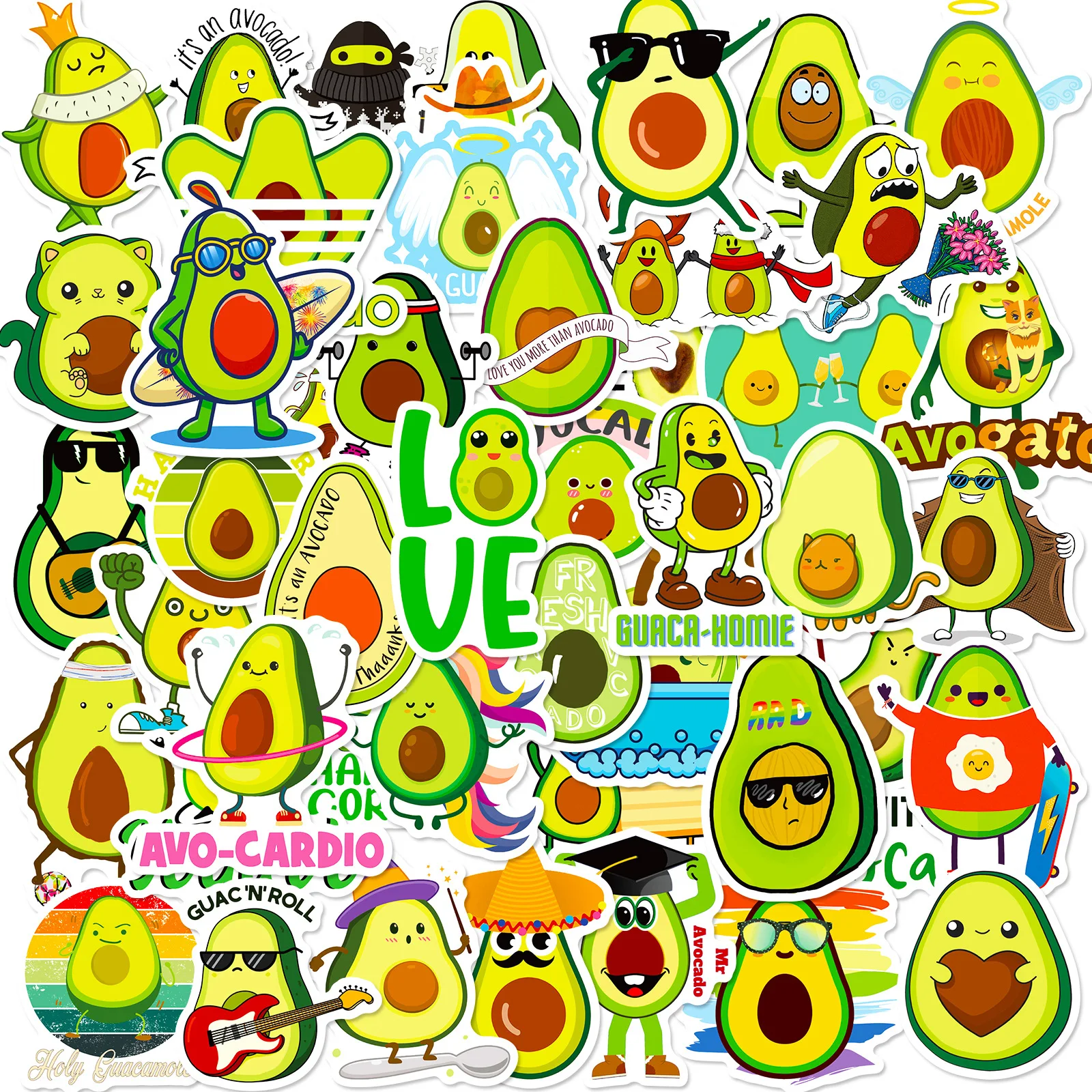 50pcs Avocado Cartoon Cute Fruit Avocado Creative Car Water Cup Refrigerator Guitar Waterproof Sticker