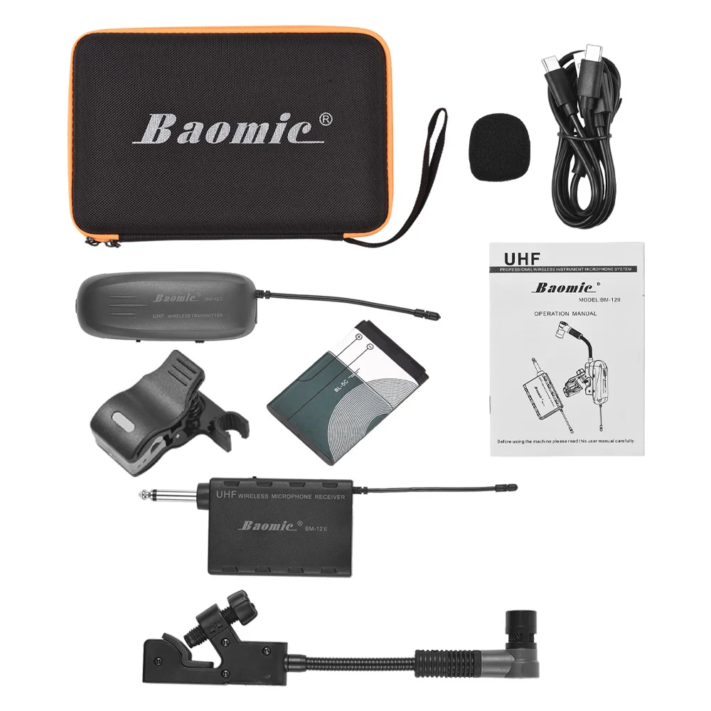 Baomic BM-12/V2 Professional UHF Wireless Instrument Microphone System Receiver & Transmitter 16 Channels for Sax Saxophone