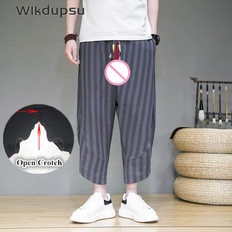 

Sexy Invisible Double Zippers Open Crotch Striped Harem Pants Mens Casual Hip Hop Korean Style Joggers Male Clothes Trousers