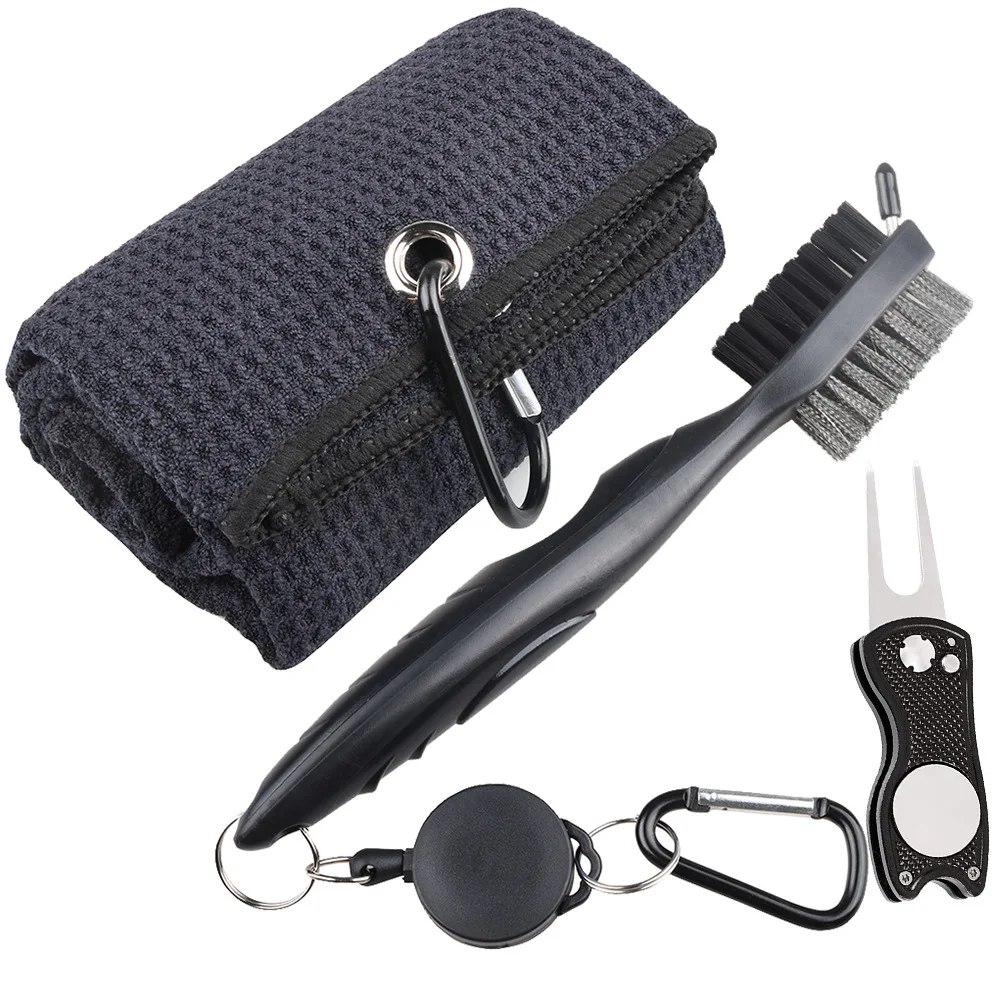 Microfiber Waffle Golf Towel & Dual-Sided Groove Cleaning Brush Set with Turf Repair Tool 1