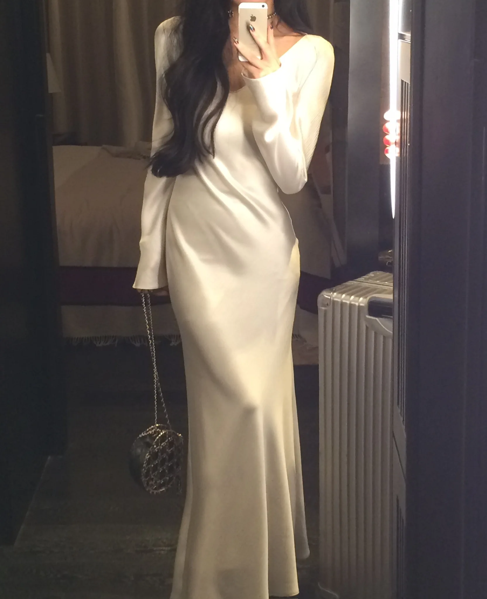 Vestidos largos de satén de otoño para mujer, vestido de fiesta de noche para boda, vestido de graduación, vestido de sirena de una pieza con cuello en V y mangas largas