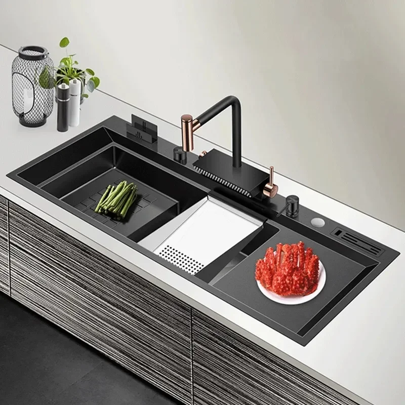 2024 Nano Black Kitchen Sink Above Mount Handmade Sink 4mm Thickness Large Size Step Kitchen Sink With Drain Plate Sinks