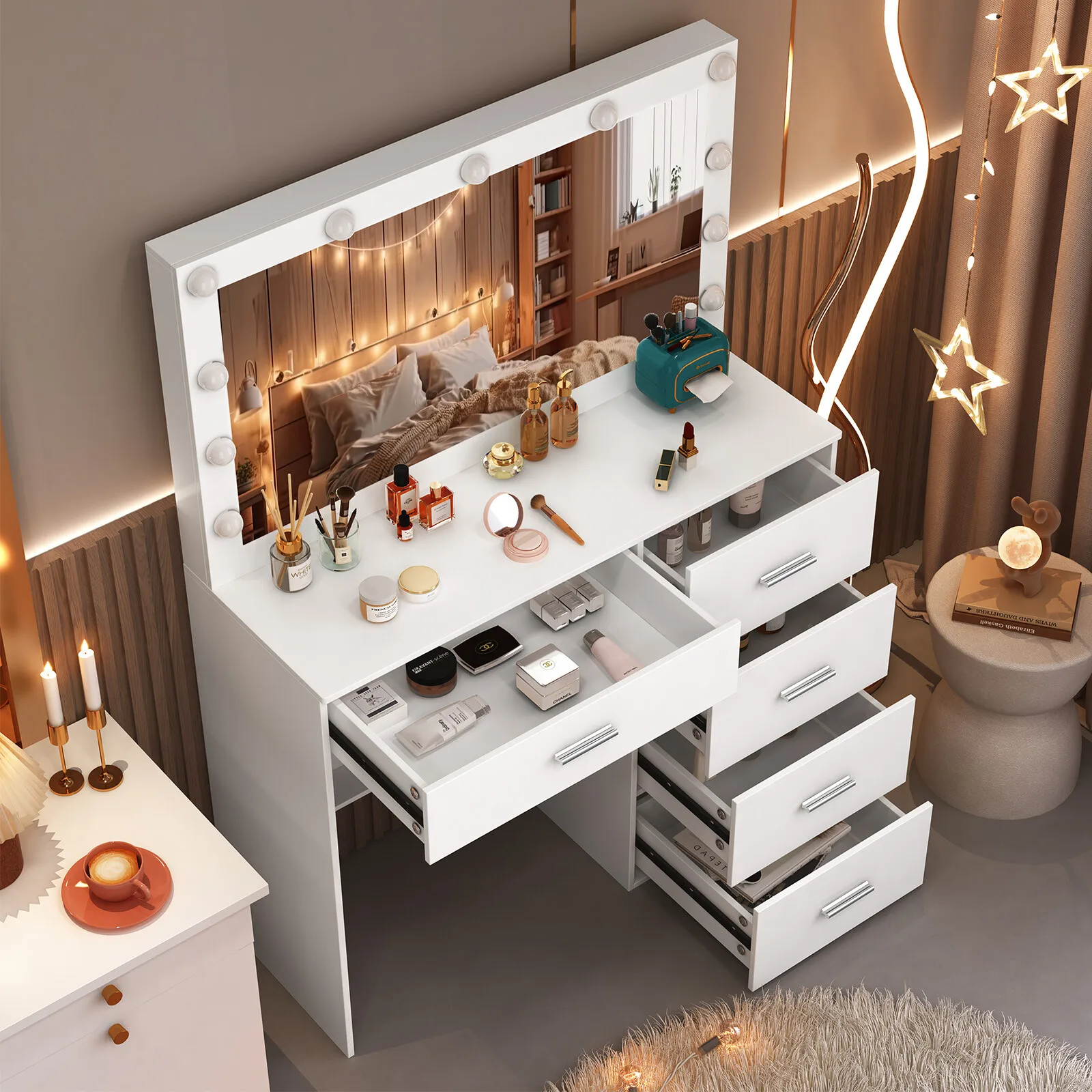 Dressing Table Vanity Makeup Desk with 11 LED Bulbs Mirror and 5 Drawers Bedroom
