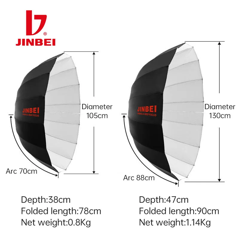 JINBEI 블랙 화이트 딥 반사 우산, 스튜디오 사진용 조명, 디퓨저 커버 포함, 105 cm, 130cm