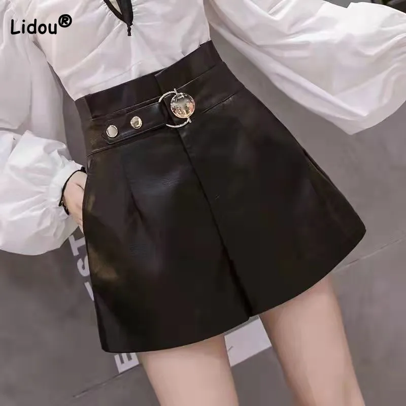 Women's Clothing Korean Simplicity High Waist Sashes Patchwork Shorts New Autumn Winter Loose Fashion Solid Color Leather Pants