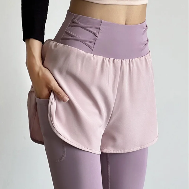 Aiithuug Fake Two Pieces Pockets Tennis Trousers Capris Yoga High Waist Women's Golf Skorts Capris Gym Yoga Legging Sweatpants