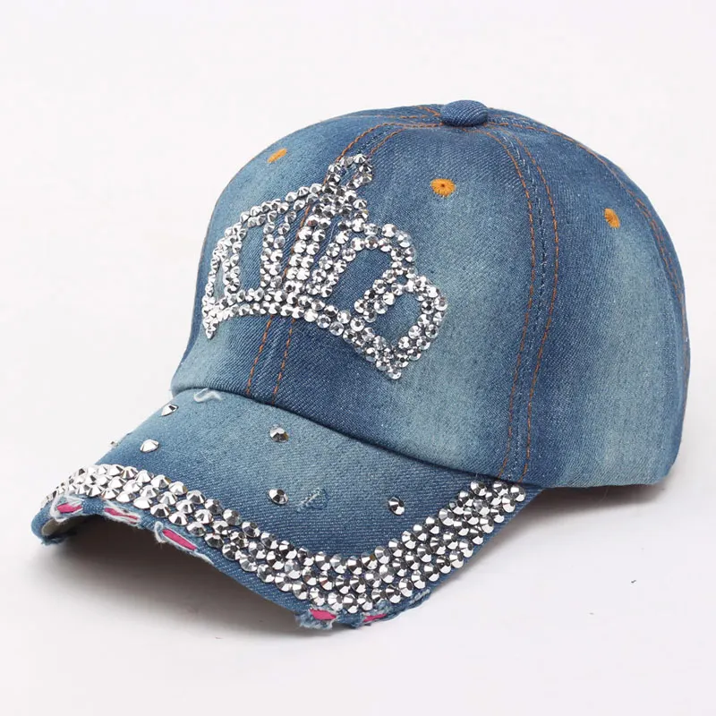 帽子 [1] Bling Rhinestones Studs Blue Denim Stars Denim Rhinestone Cap Women Men Bling Studded Baseball