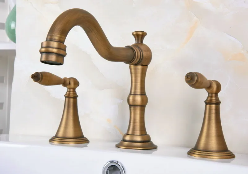 

Double Lever Knob Retro Brass Widespread Basin Faucet Kitchen Bathroom Sink Taps Deck Mounted Washroom Bathtub Mixer Dan087